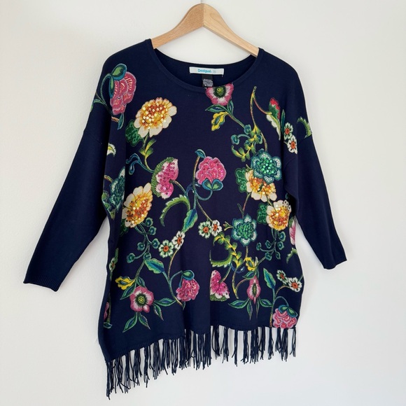 Desigual Yovana Pullover in Navy Floral with Sequin Accents, Size M - Picture 4 of 10